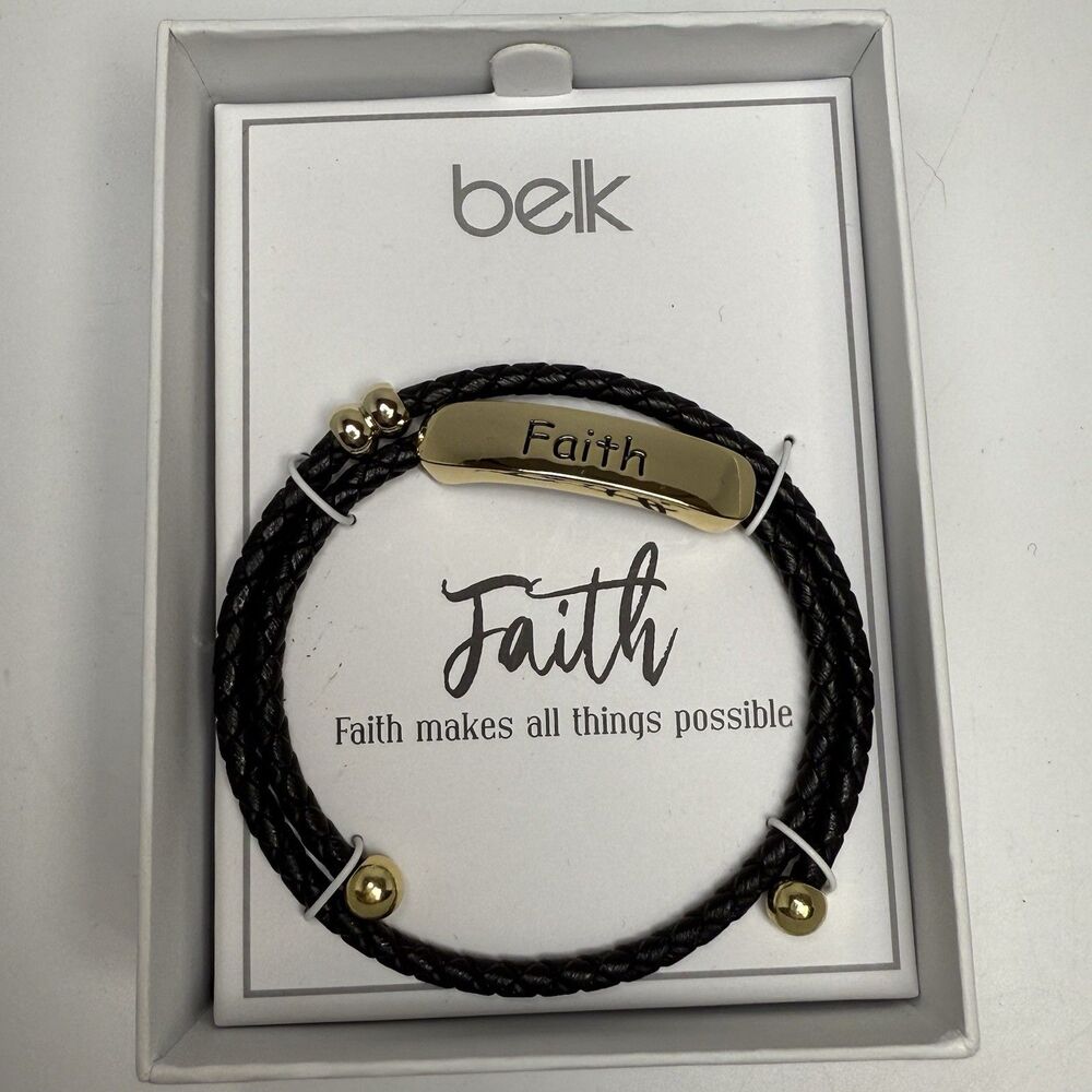 Belk FAITH Metal Bar Double Wrap Braided Black Leather Adjustable Bracelet New